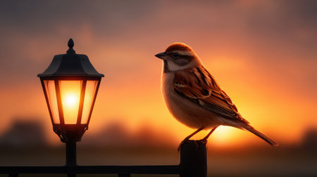 A beautiful bird perches gracefully on a lantern post during a stunning sunset, showcasing soft light and warm colors. The serene atmosphere enhances the scene.の素材