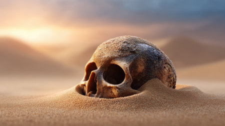 A haunting scene of a human skull half-buried in golden sand, set against a stunning sunset backdrop. This evocative image captures themes of loss, mystery, and the passage of time in a vast desert landscape.の素材