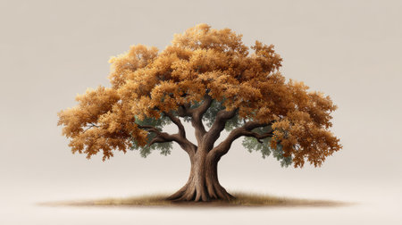 A stunning depiction of a majestic tree adorned with golden leaves captures the essence of autumn, radiating warmth and tranquility in a serene nature scene.の素材