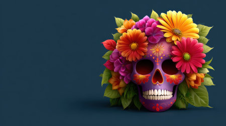 A stunning sugar skull adorned with colorful flowers on a striking blue background, perfect for representing cultural traditions and festive celebrations.の素材