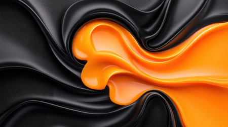 This captivating image features a blend of black and orange swirls in a glossy texture, creating a dynamic and modern abstract composition perfect for various creative projects.の素材