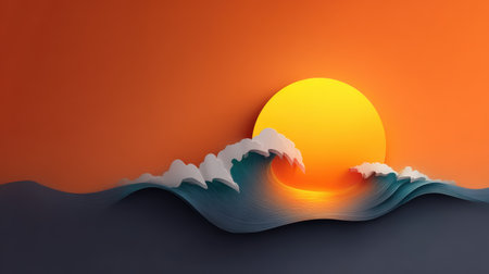 A stunning representation of a vibrant sunset illuminating gentle ocean waves, crafted in a minimalist paper art style that embodies tranquility and natural beauty.の素材