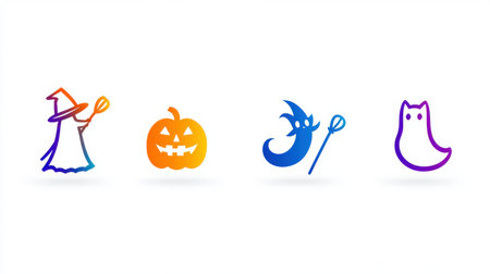 A set of four colorful Halloween icons showcasing a witch, pumpkin, ghost, and monster, perfect for festive designs and celebrations.の素材