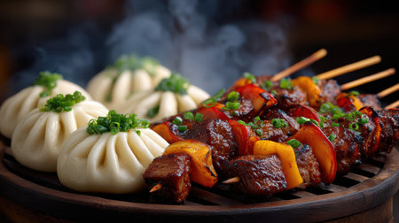 Savor the delicious combination of grilled meat skewers adorned with colorful peppers, paired with soft steamed buns, perfect for any occasion.の素材