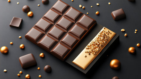 A stunning arrangement of dark chocolate bars and golden chocolate pieces is showcased on a sleek background, exuding luxury and indulgence.の素材