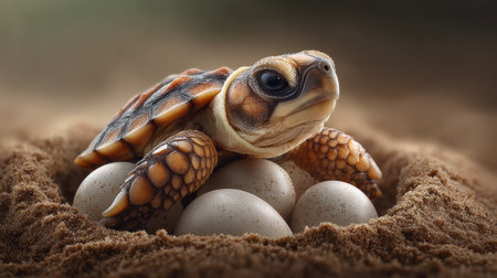 A close-up image of a newborn turtle emerging from its nest surrounded by eggs on a sandy beach. The photograph captures the delicate moment of life in nature, highlighting the interesting features of the turtle and its environment.の素材