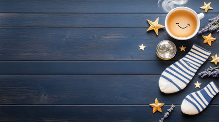 This inviting scene features a cozy cup of coffee with a smiling face, charming striped socks, and decorative stars resting on a dark wooden surface.の素材