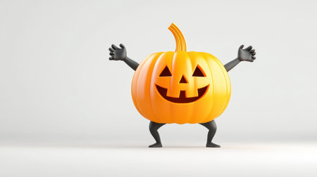 A cheerful cartoon pumpkin character with raised arms and a friendly smile, perfect for Halloween themes, festive designs, or playful decorations.の素材