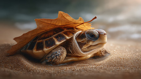A charming turtle relaxes on a sandy beach, adorned with a fallen leaf on its shell. The soft sunlight creates a serene atmosphere, highlighting the beauty of nature.の素材