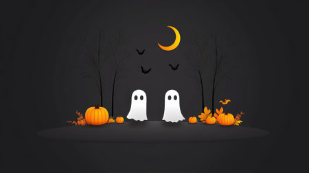 This delightful Halloween scene features two cute ghost figures surrounded by pumpkins and expressive bats, perfect for festive decor and celebrations.の素材