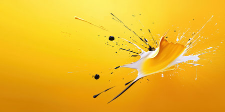A bright yellow abstract background with splashes of paint and dynamic brush strokes.の素材