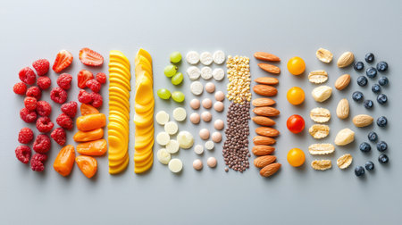 A breakdown of macronutrients and vitamins in a nutrition label on a healthy snack, emphasizing balanced eating.の素材
