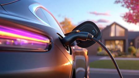 A close-up of a charging port on an electric car, with the charging cable plugged in, set against a suburban backdrop.の素材