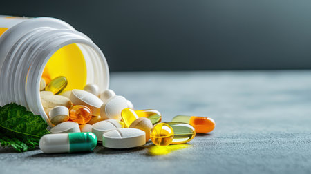 A close-up of colorful supplement capsules and vitamins spilling out of a bottle, representing dietary supplementation.の素材
