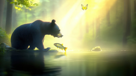 A black bear catching fish in a serene river, surrounded by the lush green of the Pacific Northwest forest.の素材