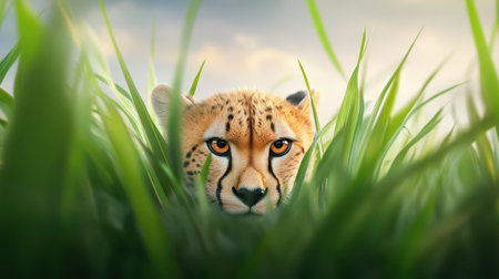 A cheetah stalking prey through the tall grass, eyes locked on its target in the distance.の素材