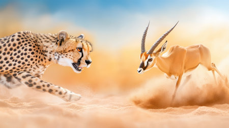A cheetah closing in on a fleeing antelope, the moment of tension as prey and predator race across the savanna.の素材