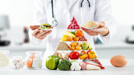 A doctor wearing a white coat, explaining nutrition plans to a patient with a colorful food pyramid on the desk.の素材