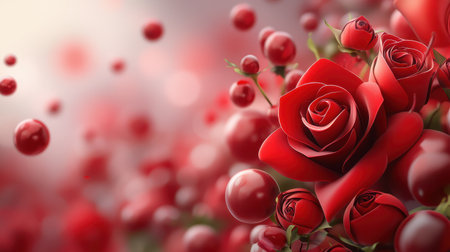 A cascade of red roses, their vibrant color standing out against soft, blurred foliage. Perfect for romantic or passionate themes.の素材