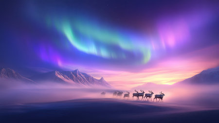 A herd of caribou migrating across the tundra, with northern lights glowing in the sky above.の素材