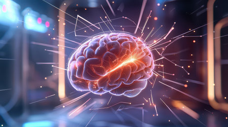 A digital hologram of a brain surrounded by abstract lines and shapes, representing creative innovation.の素材