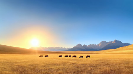 A herd of bison grazing on a prairie in Alberta, with the Rocky Mountains in the background under a clear blue sky.の素材