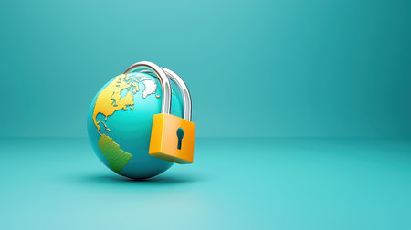 A digital padlock wrapped around a globe, symbolizing global data security and protection of information across borders.の素材