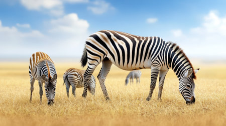 A group of zebras grazing in an open grassland, their stripes standing out against the dry terrain.の素材