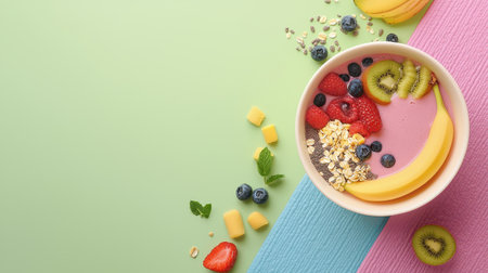 A colorful bowl of smoothie ingredients next to a yoga mat, illustrating a health-conscious lifestyle.の素材
