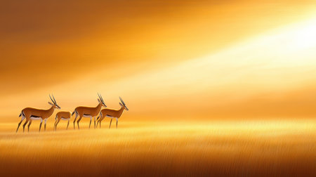 A herd of wild antelope grazing peacefully in a vast grassland, with golden sunlight casting long shadows.の素材