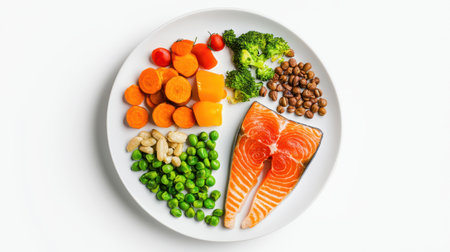A plate divided into protein, carbs, and vegetables, showcasing balanced nutrition for optimal health.の素材