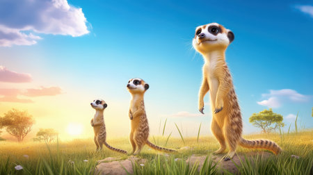 A group of meerkats standing alert in the middle of a wide open grassland, scanning the horizon for danger.の素材