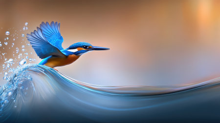 A rare kingfisher diving into a river, its vivid blue feathers creating a flash of color against the water.の素材