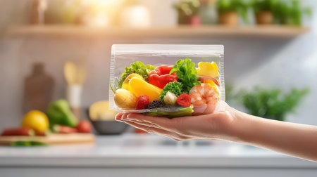 A hand holding a food package with a detailed nutrition label, emphasizing the importance of checking ingredients.の素材