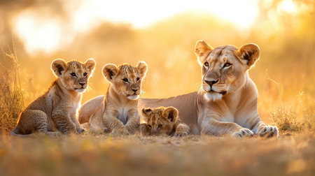 A pride of lions resting in the grass, with cubs playfully tumbling near their parents under the African sun.の素材