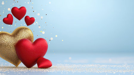 A luxurious heart background with gold glitter highlights and sparkling red hearts.の素材