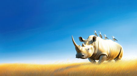 A rhino lumbering through a grassy plain, with birds perched on its back under a clear blue sky.の素材