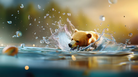 A sequence showing a bear's swift movements as it successfully catches a salmon, water splashing around it.の素材