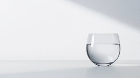 A single water glass, half-filled, isolated against a bright, simple background. The glass reflects light, creating a clean, modern look.の素材