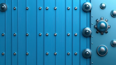 Light blue industrial background with sleek metal textures, rivets, and bolts, creating a strong and modern aesthetic.の素材