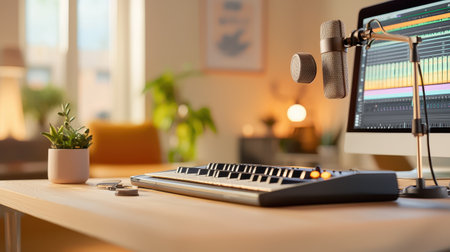 A recording in progress with a host and guest talking into professional microphones in a cozy studio.の素材