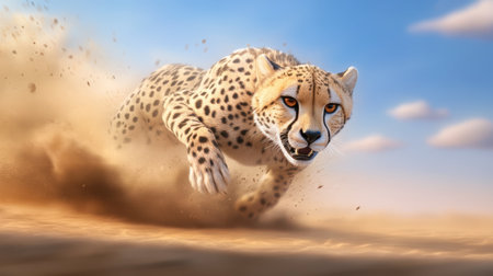 A cheetah bursting into action, its lean body moving with lightning speed across an open savanna.の素材