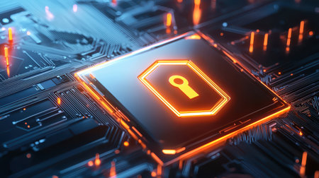 An abstract digital firewall, blocking unauthorized access in a glowing tech background.の素材