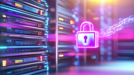 A server room with racks of blinking lights and a holographic padlock, emphasizing network security and encrypted systems.の素材