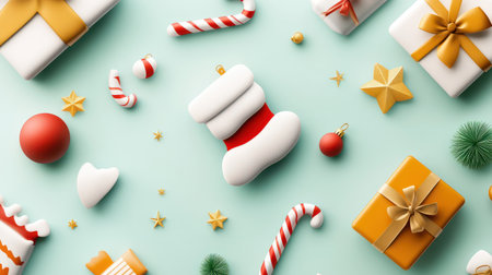Whimsical social post featuring holiday icons like candy canes, stockings, and presents, with a cheerful greeting message.の素材