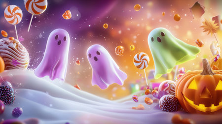 A bright, neon Halloween background with electric purple ghosts, glowing green pumpkins, and vibrant orange candy scattered throughout.の素材