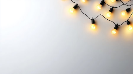 Twinkling Christmas lights on a bright white background, creating a festive and minimalist design.の素材