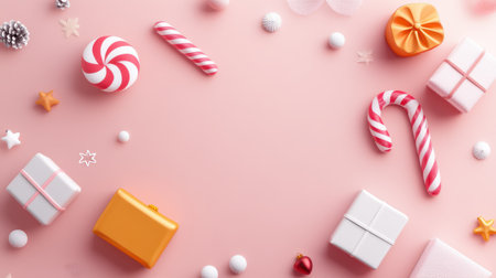 Whimsical social post featuring holiday icons like candy canes, stockings, and presents, with a cheerful greeting message.の素材