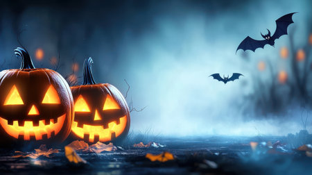 A dark Halloween night with jack-o'-lanterns glowing brightly, casting eerie shadows in the fog, with bats flying in the background.の素材
