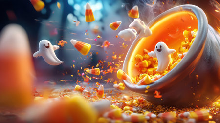 A close-up of candy corn spilling from a cauldron, with vibrant Halloween colors, playful ghosts, and glittering confetti adding to the fun.の素材